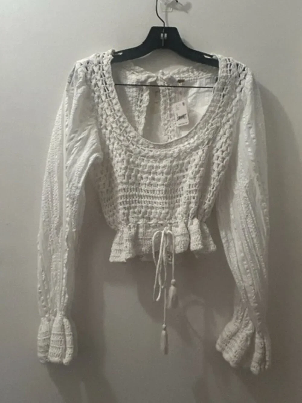 Free People Megan Crochet Ivory Scoop Neck Ruffle Hem Tie Keyhole Back Top NWT